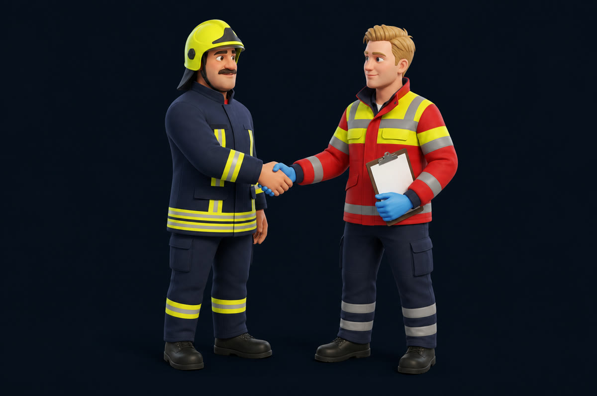Ein Feuerwehrmann und ein Rettungssanitäter besiegeln ein Angebot per Handschlag