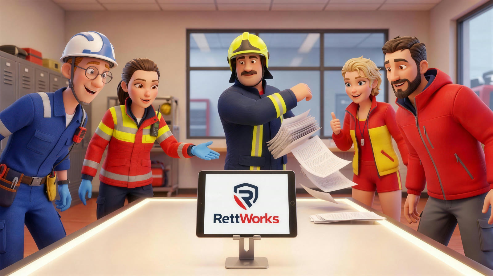Das Einsatzteam feiert vor dem Tablet mit dem RettWorks-Logo, die Papierstapel fliegen weg