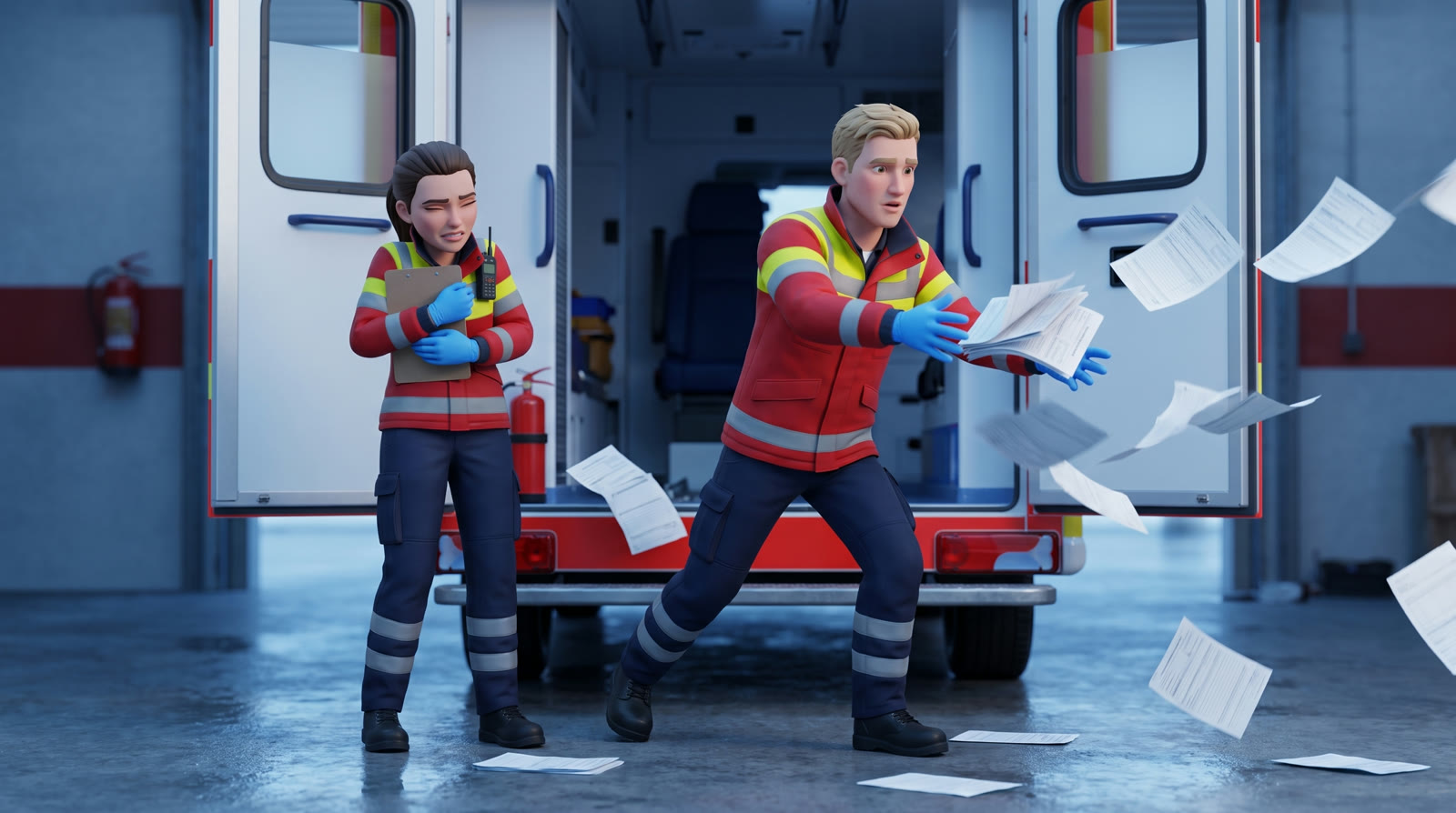 Zwei Rettungsdienstler kämpfen mit fliegenden Papierformularen vor dem Rettungswagen